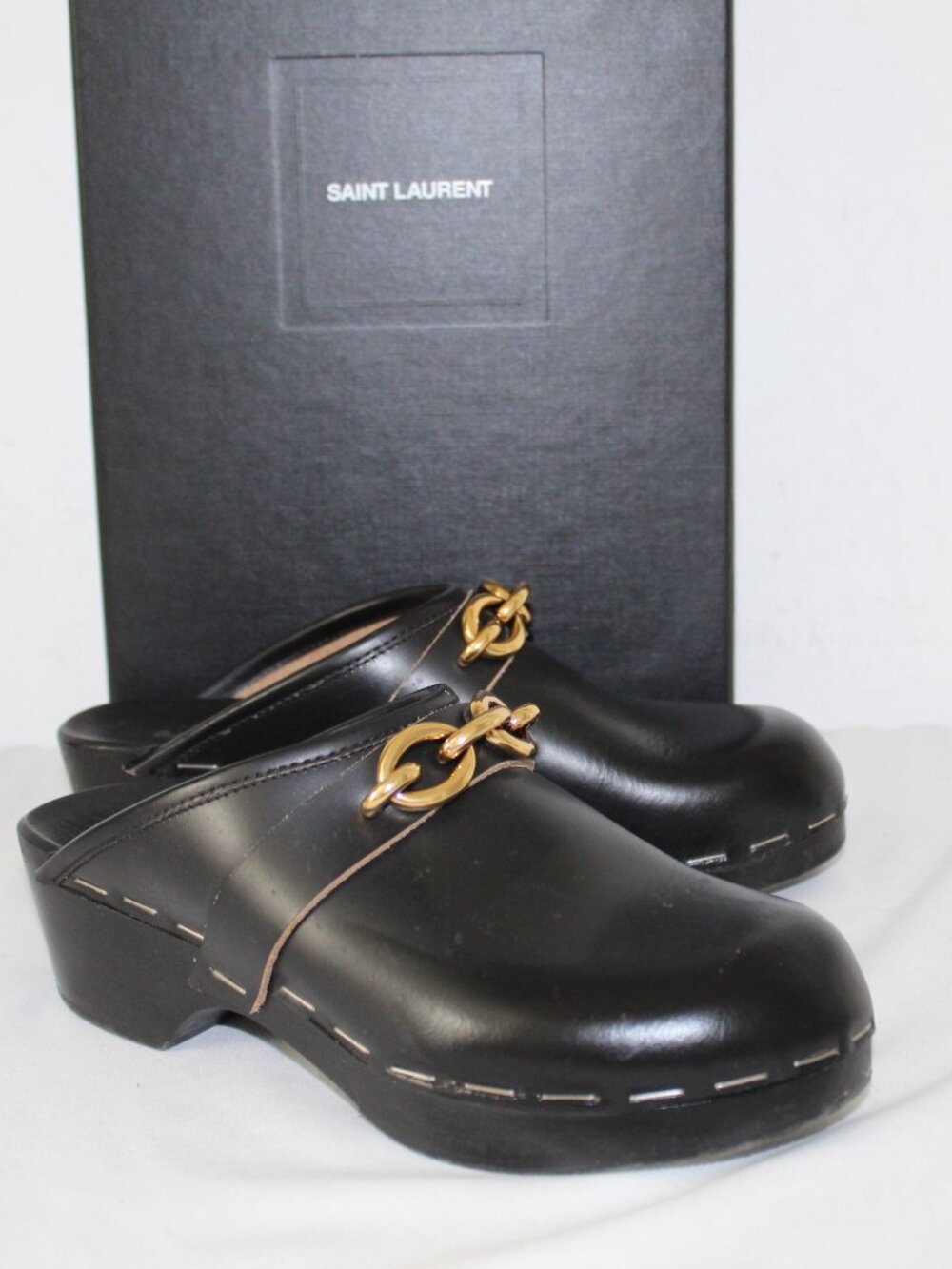 Saint Laurent Smooth Calfskin Le Maillon Clogs Mules Slip Ons Black 37